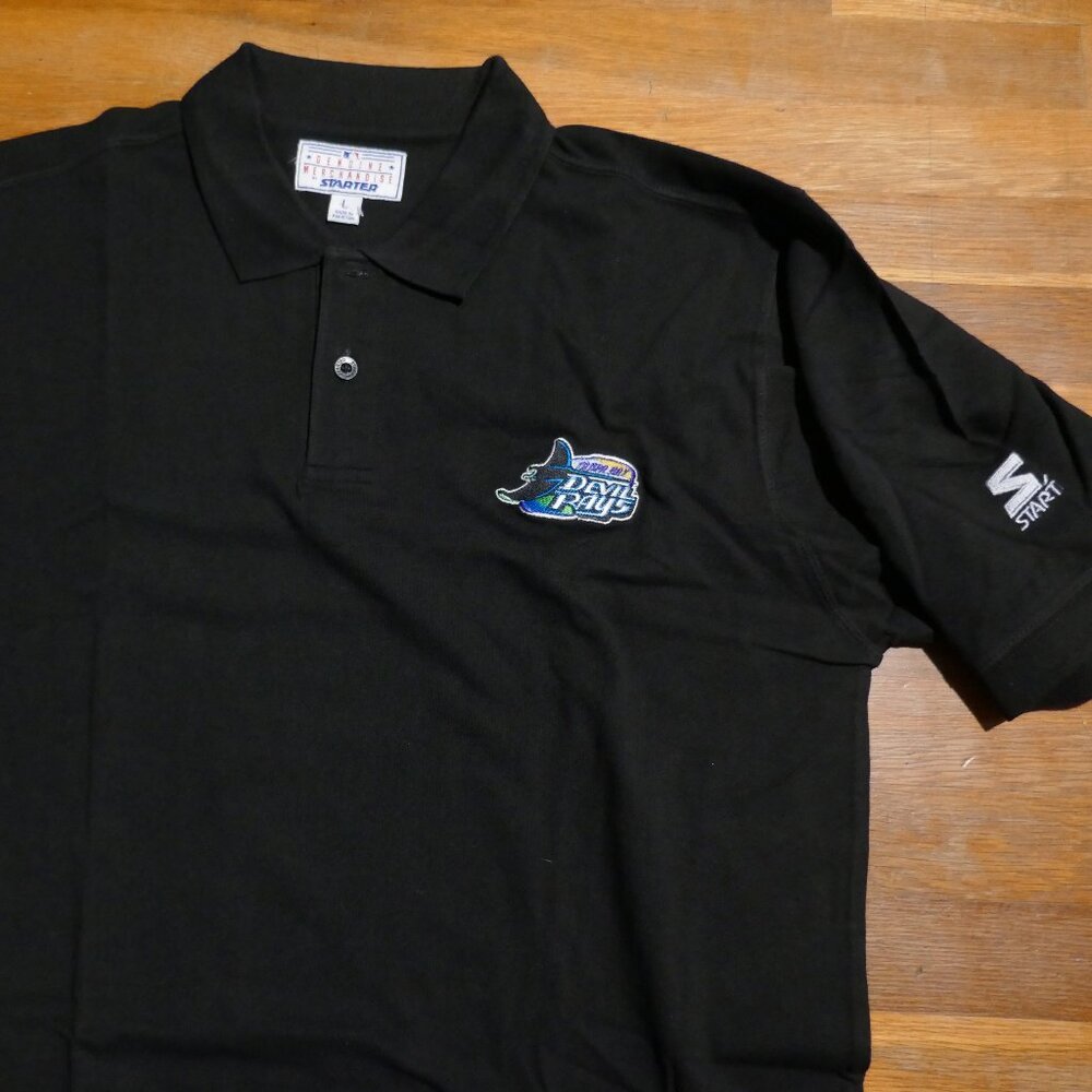 Mens L MLB TAMPA BAY DEVIL RAYS POLO VINTAGE RETRO BASEBALL STARTER T SHIRT
